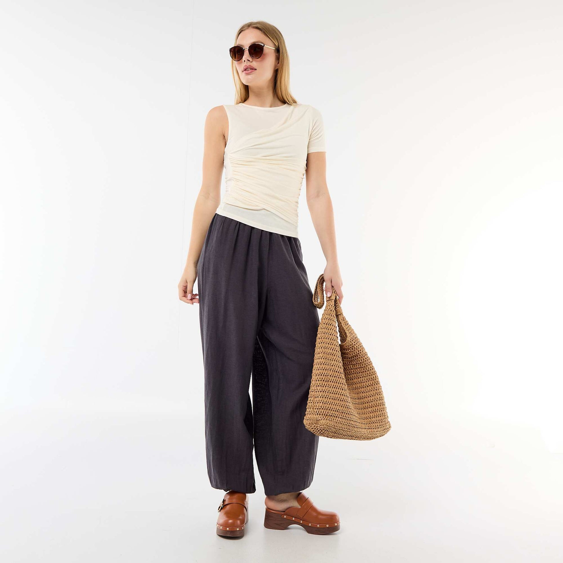 Asymmetric T-shirt with draped shoulder ECRU