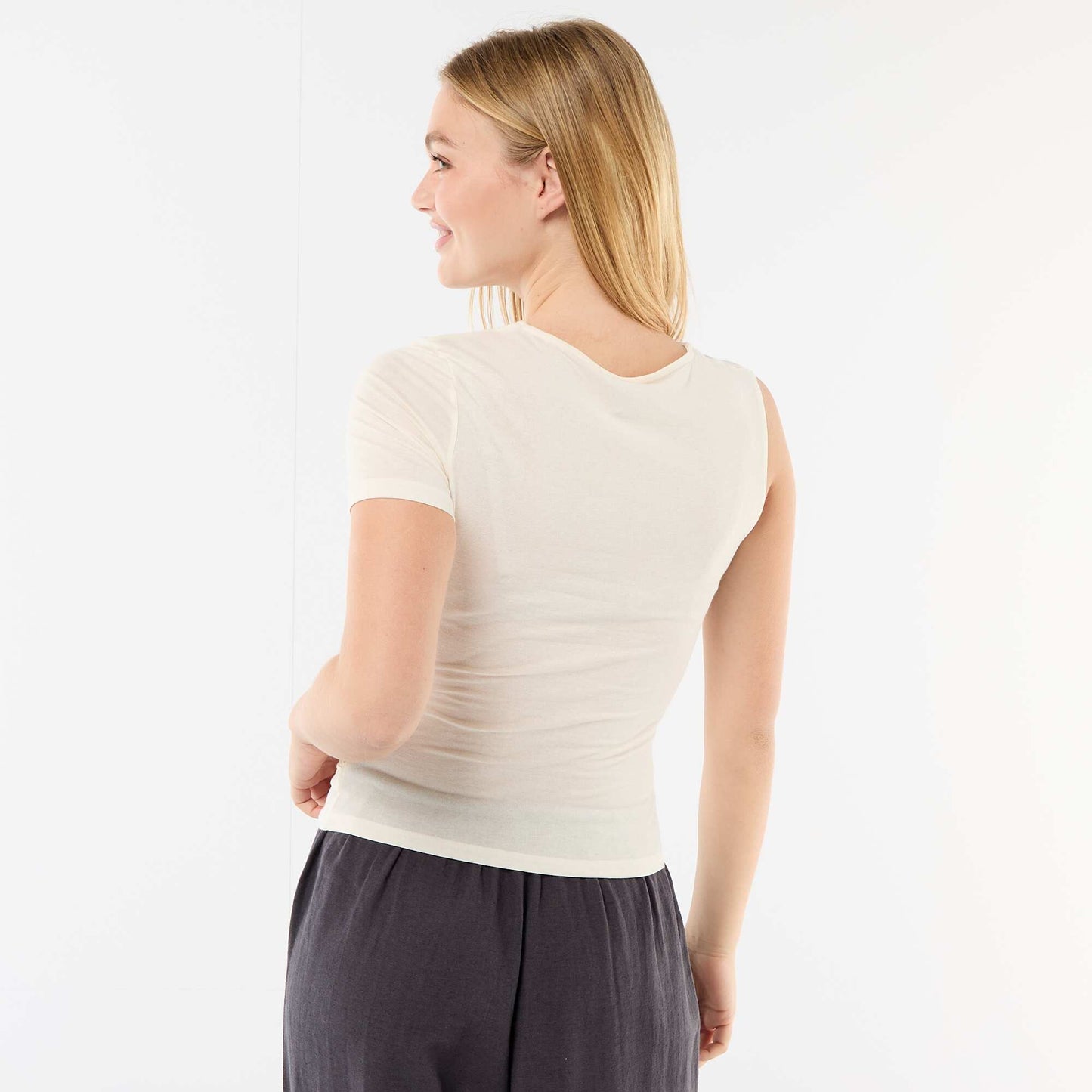 Asymmetric T-shirt with draped shoulder ECRU