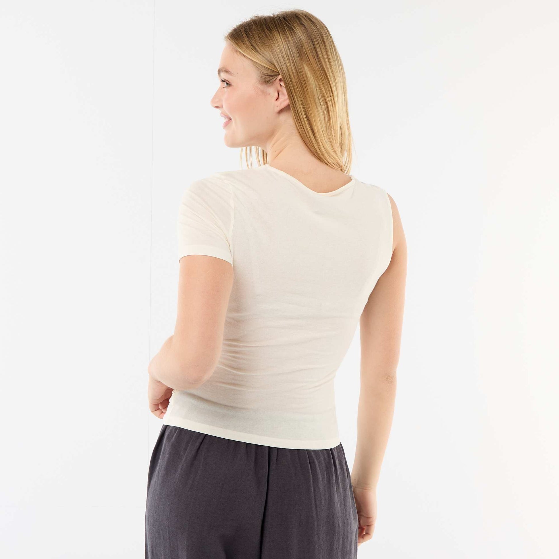 Asymmetric T-shirt with draped shoulder ECRU