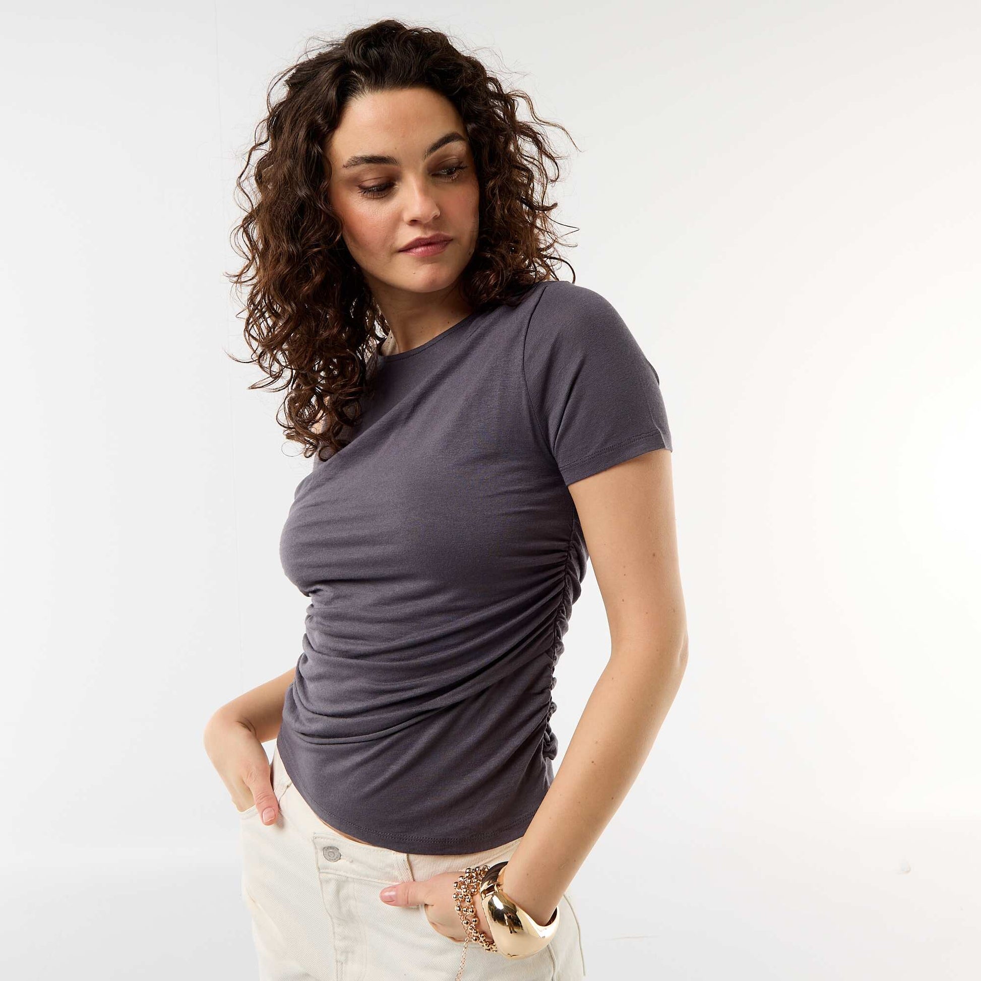 Asymmetric T-shirt with draped shoulder GREY