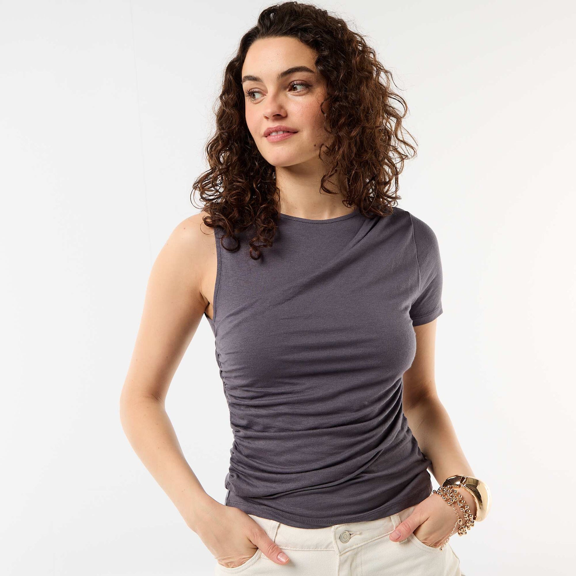 Asymmetric T-shirt with draped shoulder GREY