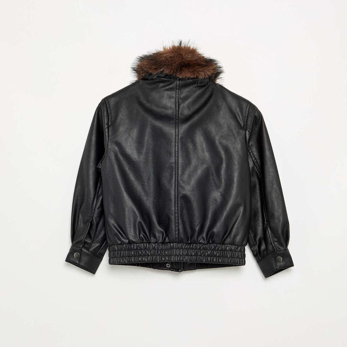 Faux Leather Bomber Jacket with Detachable Faux Fur Collar BLACK