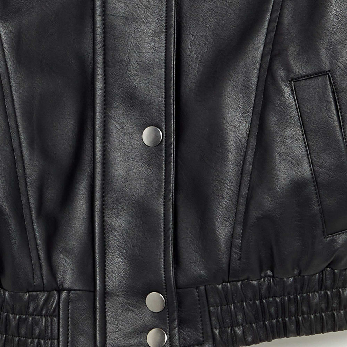 Faux Leather Bomber Jacket with Detachable Faux Fur Collar BLACK