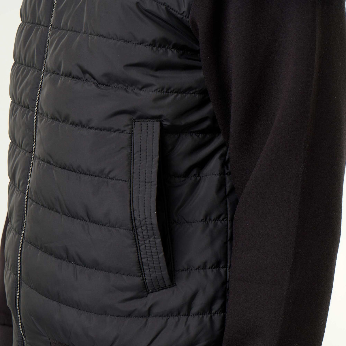 Dual-material hooded zip-up jacket BLACK