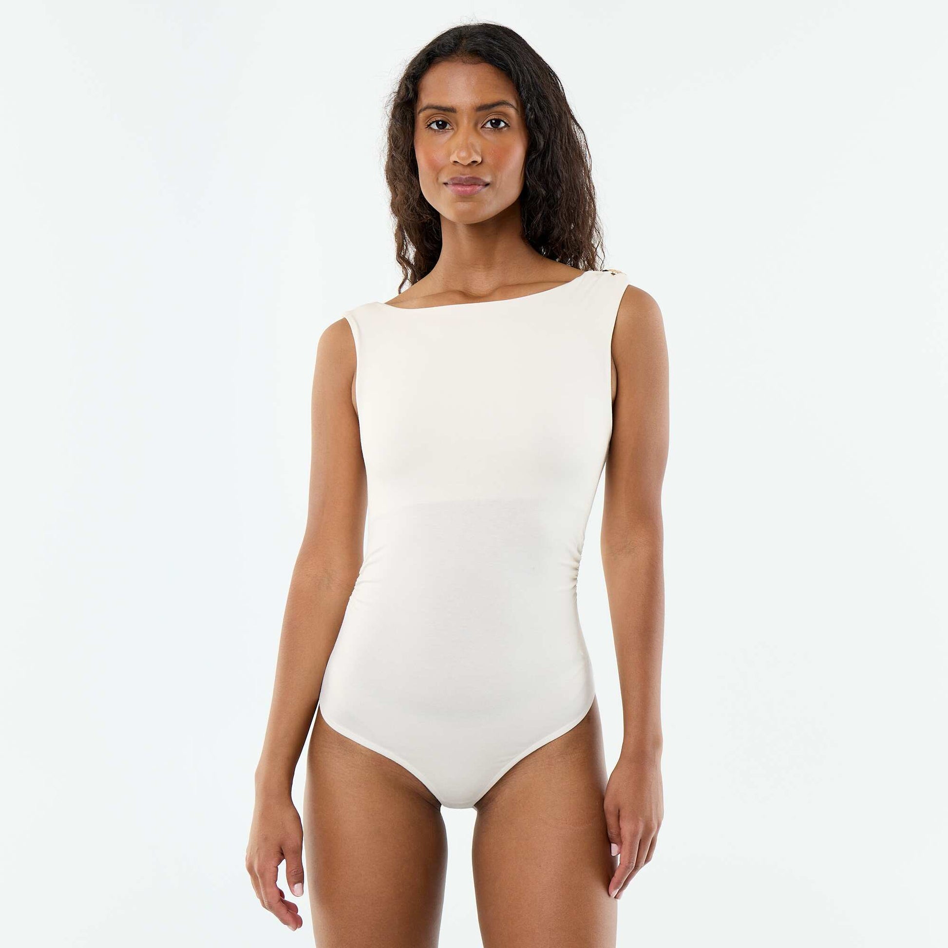 Scooped Back Bodysuit with Gold-Tone Charm BEIGE