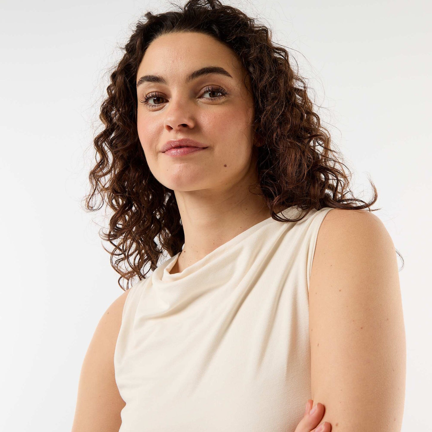 Sleeveless Top with Draped Neckline WHITE