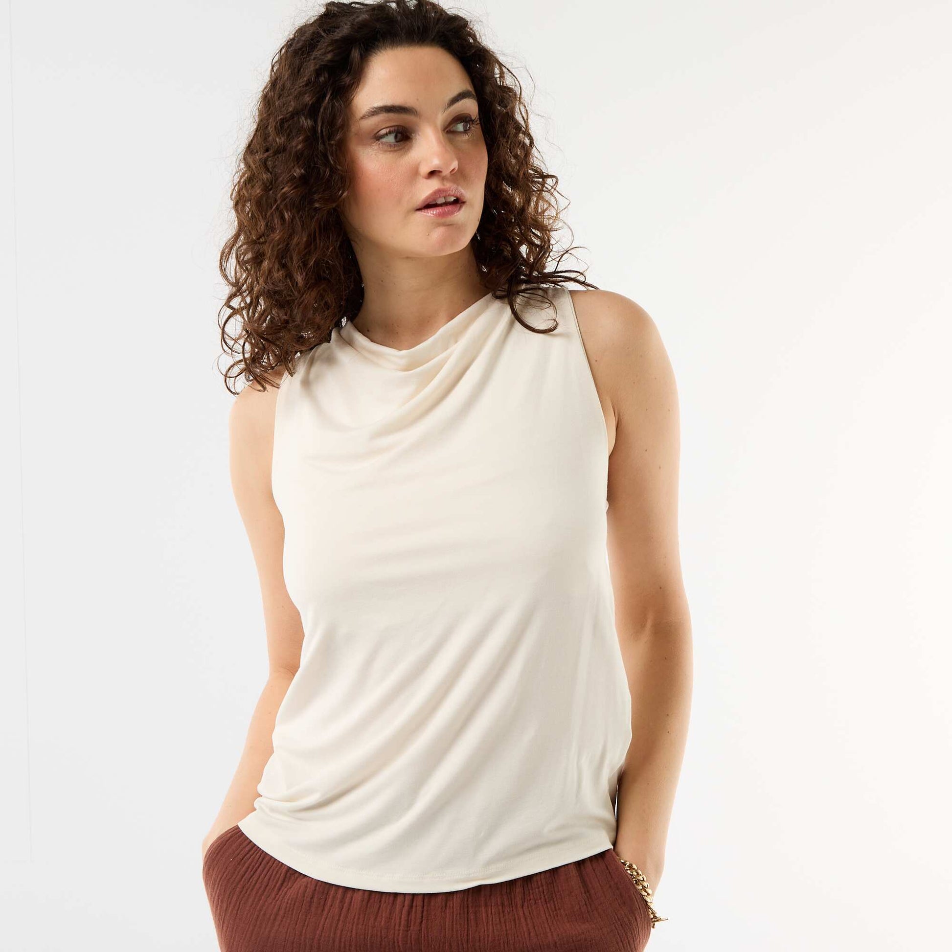 Sleeveless Top with Draped Neckline WHITE