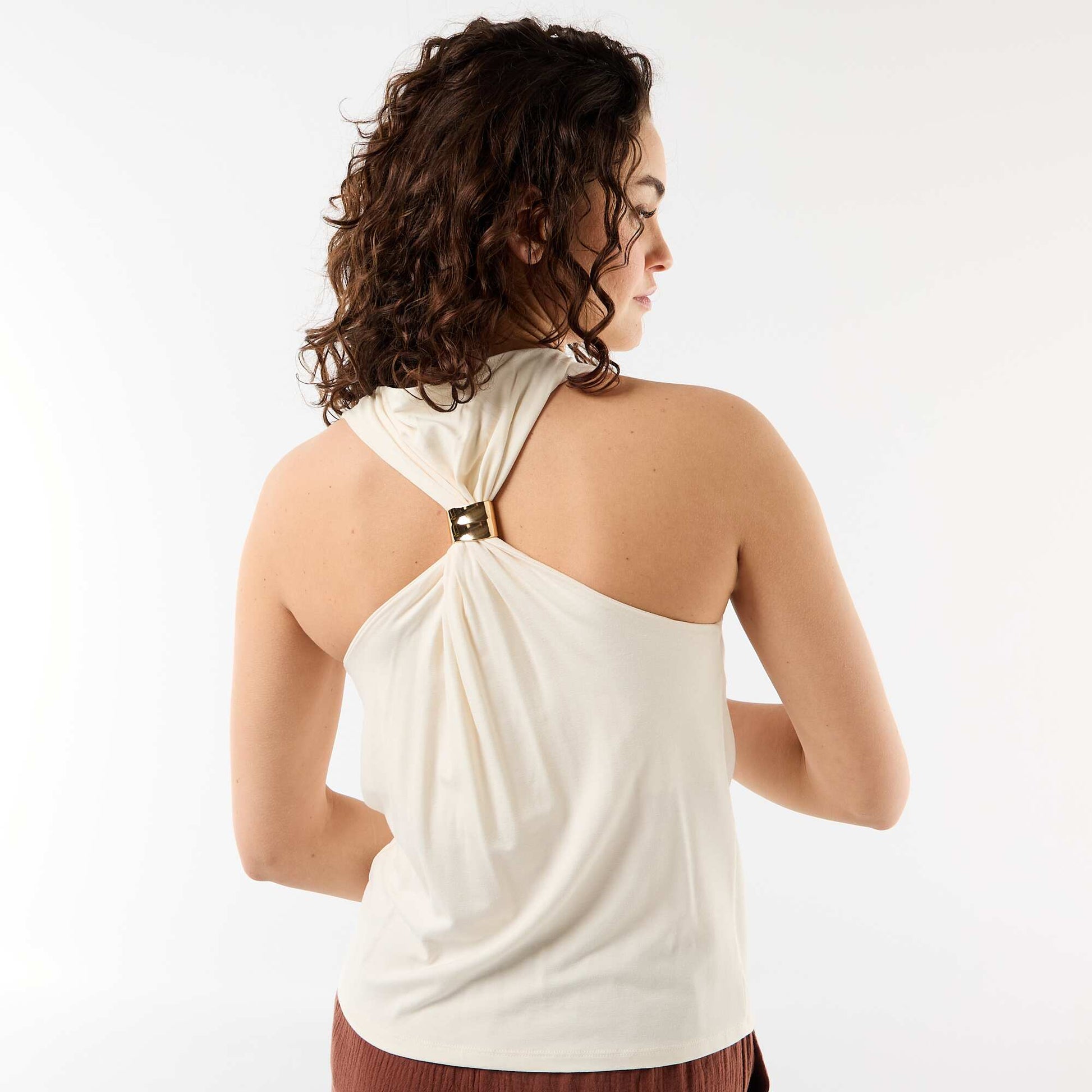 Sleeveless Top with Draped Neckline WHITE