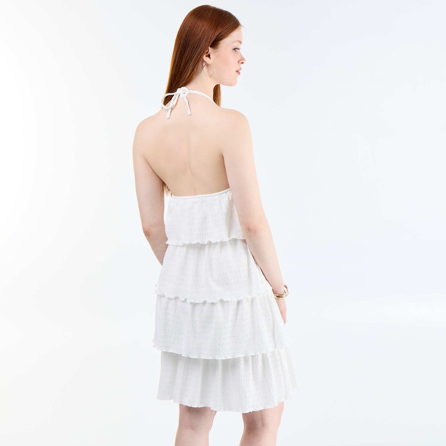 Halterneck Tiered Waffle Knit Dress WHITE