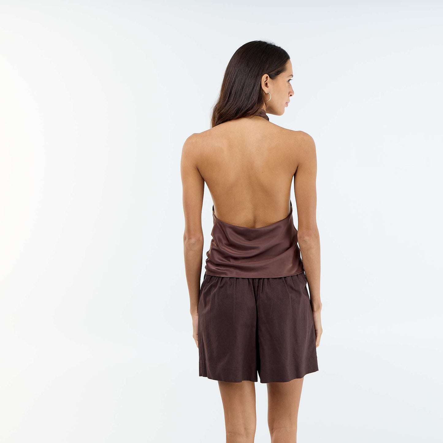 Satin-Effect Asymmetric Plain Stretch Top BROWN