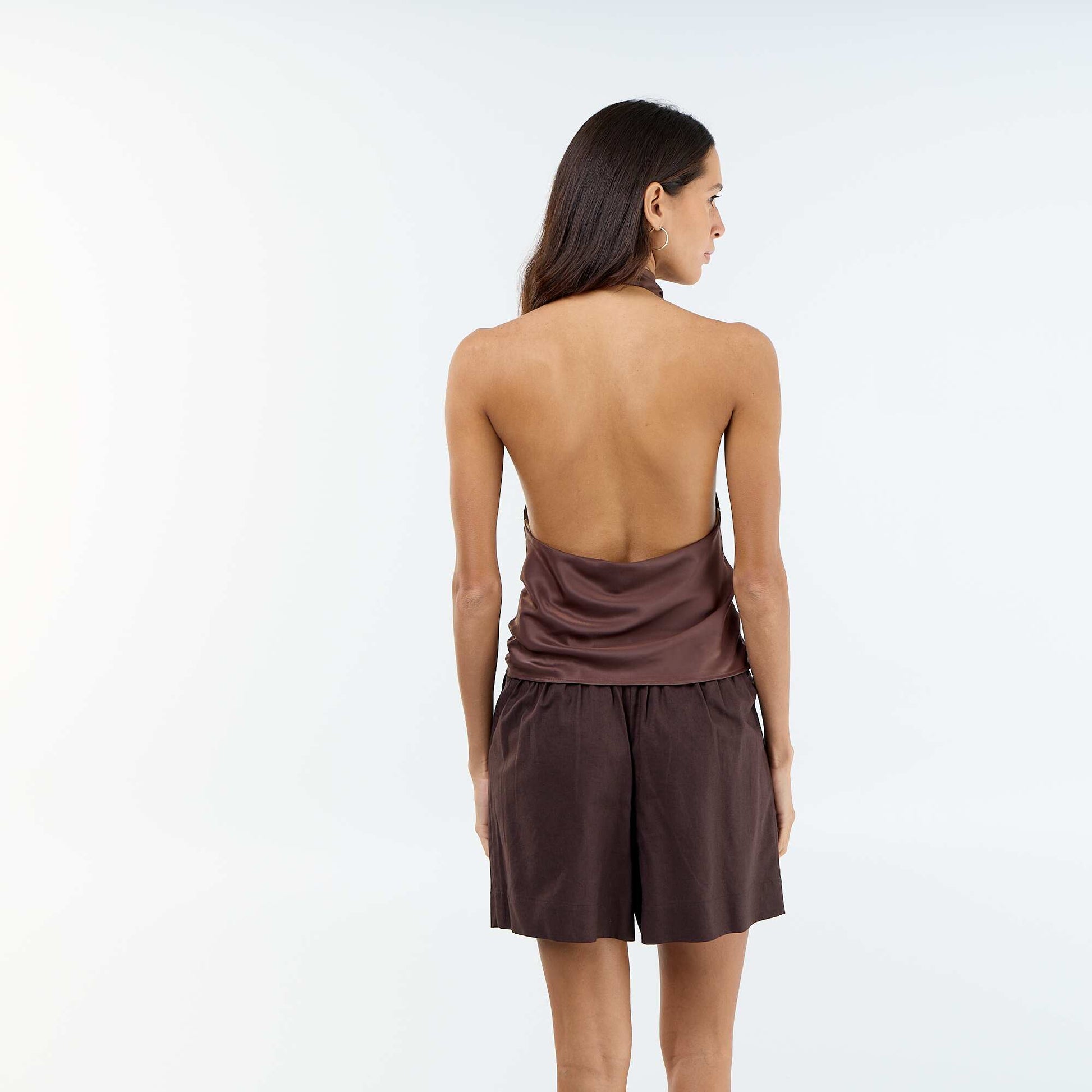 Satin-Effect Asymmetric Plain Stretch Top BROWN