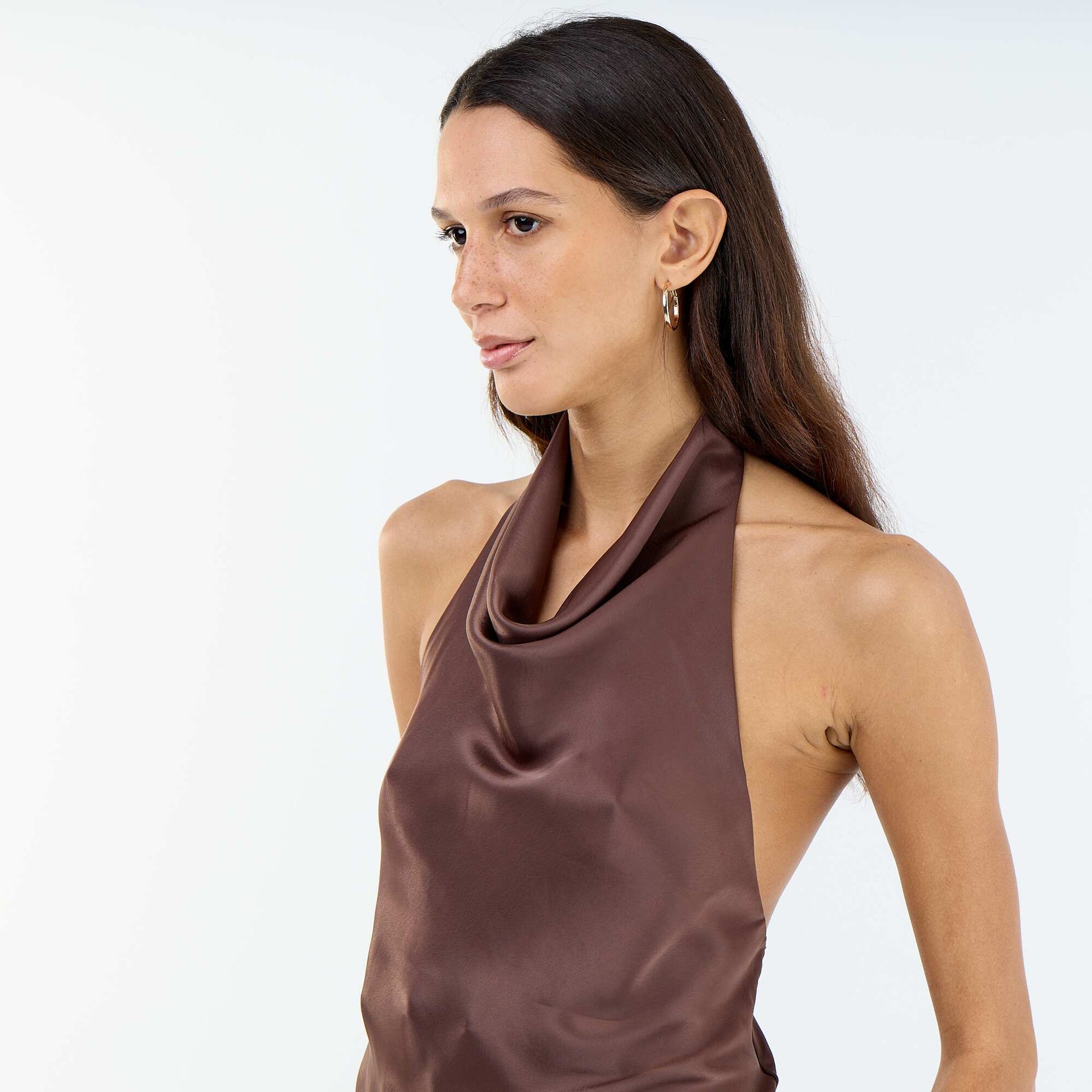 Satin-Effect Asymmetric Plain Stretch Top BROWN