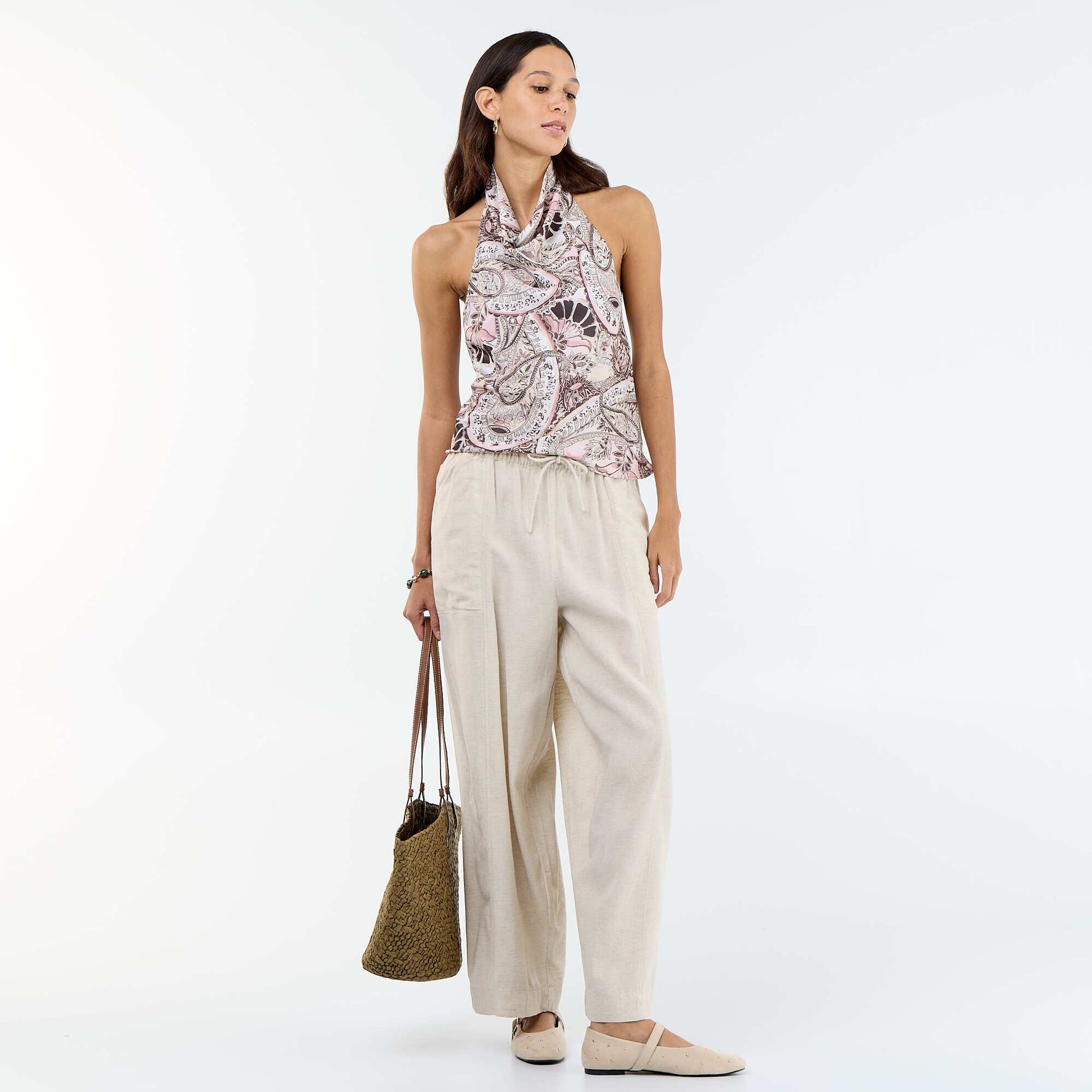 Satin-Effect Asymmetric Plain Stretch Top BEIGE