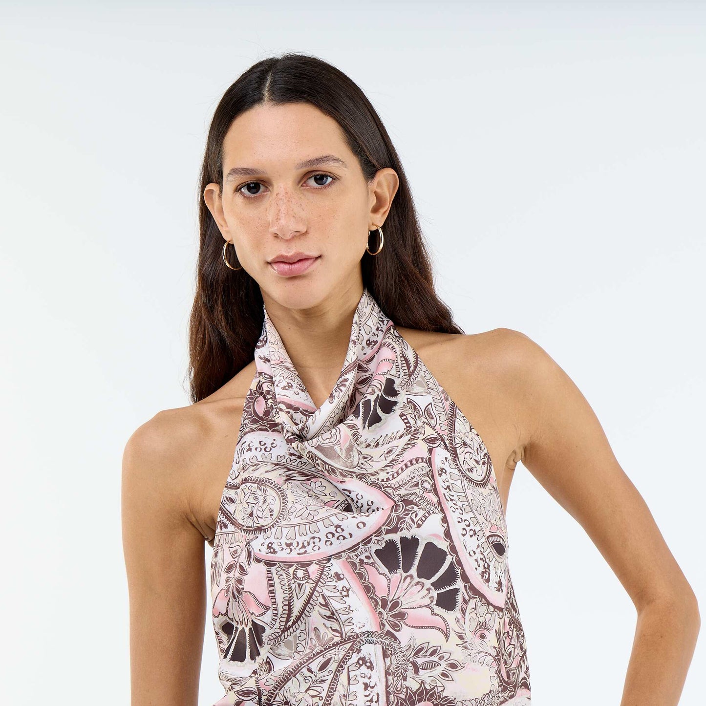 Satin-Effect Asymmetric Plain Stretch Top BEIGE