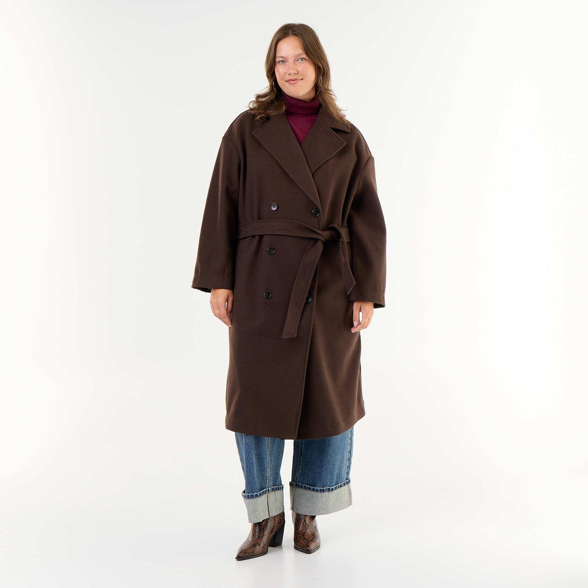 Long faux wool tailored collar coat BROWN