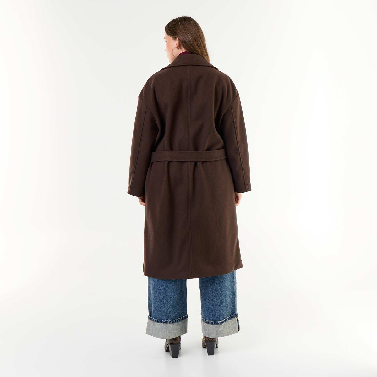 Long faux wool tailored collar coat BROWN