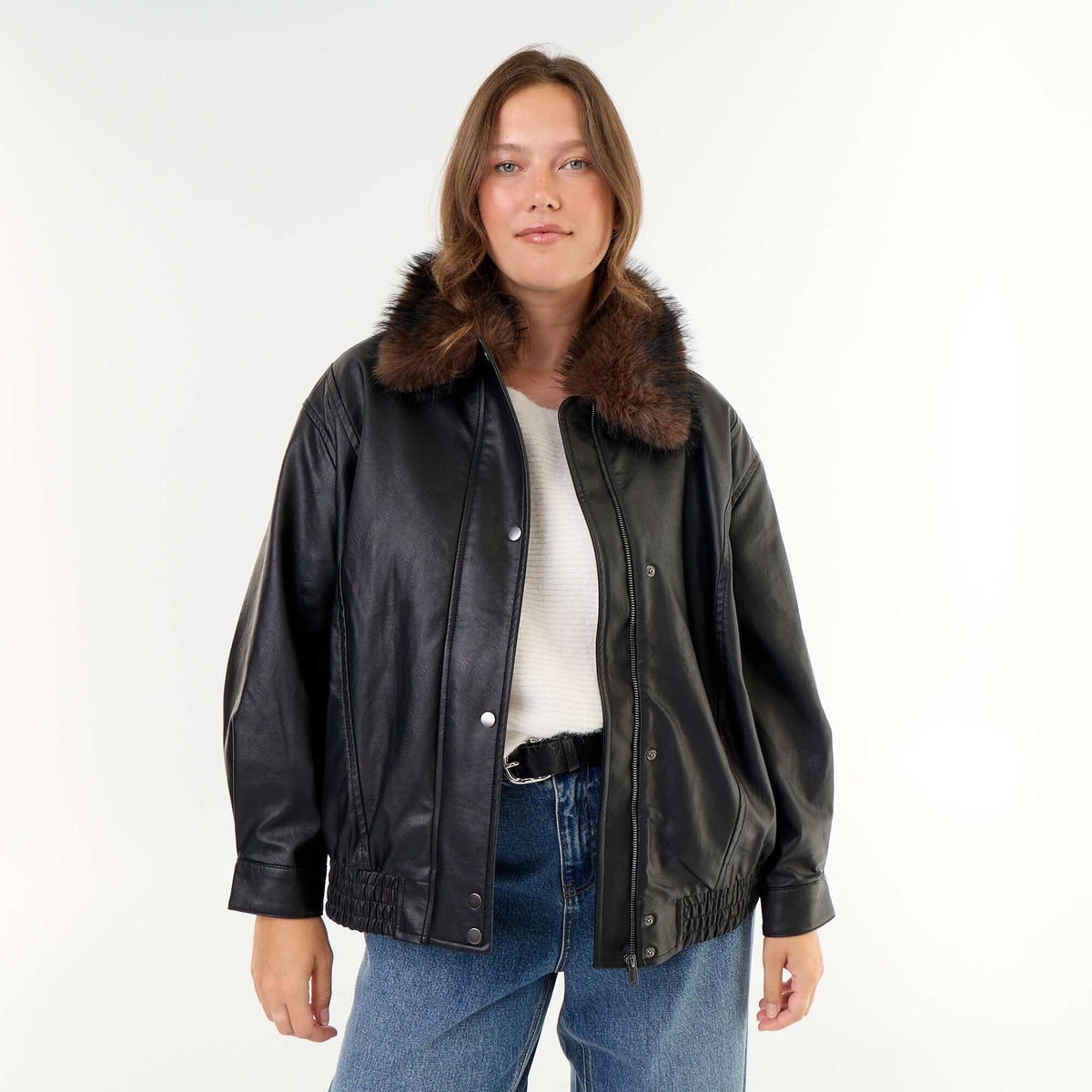 Oversized Faux Leather Jacket with Removable Faux Fur Collar BLACK