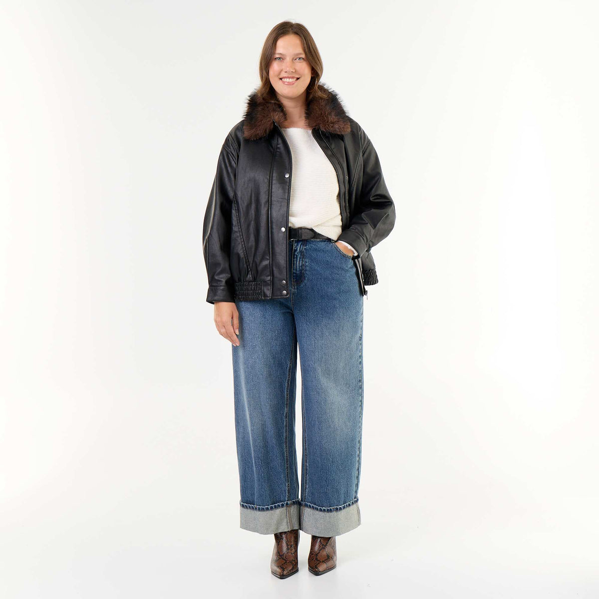 Oversized Faux Leather Jacket with Removable Faux Fur Collar BLACK