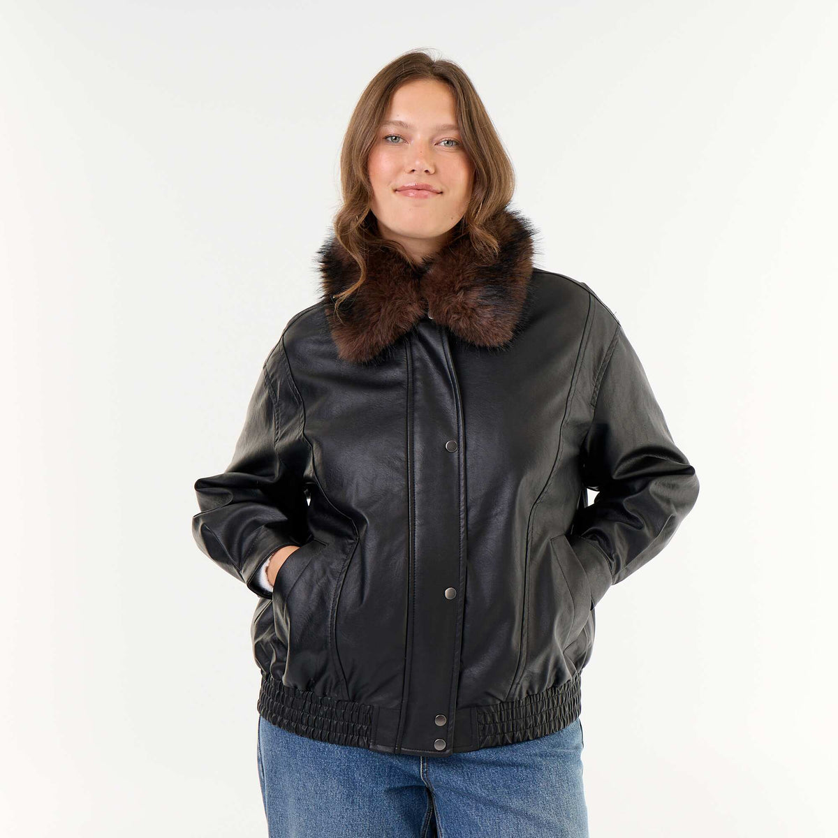 Oversized Faux Leather Jacket with Removable Faux Fur Collar BLACK