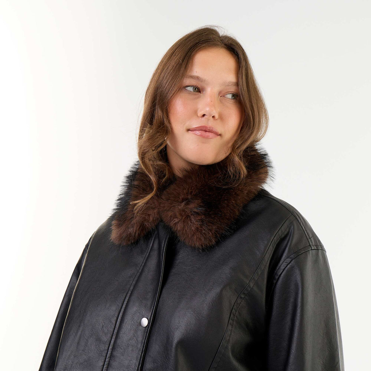 Oversized Faux Leather Jacket with Removable Faux Fur Collar BLACK