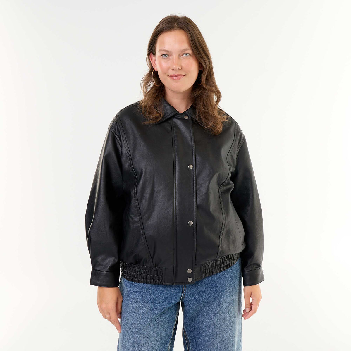 Oversized Faux Leather Jacket with Removable Faux Fur Collar BLACK