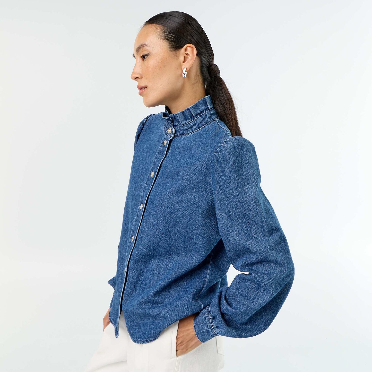 Denim Blouse with Ruffled Collar BLUE