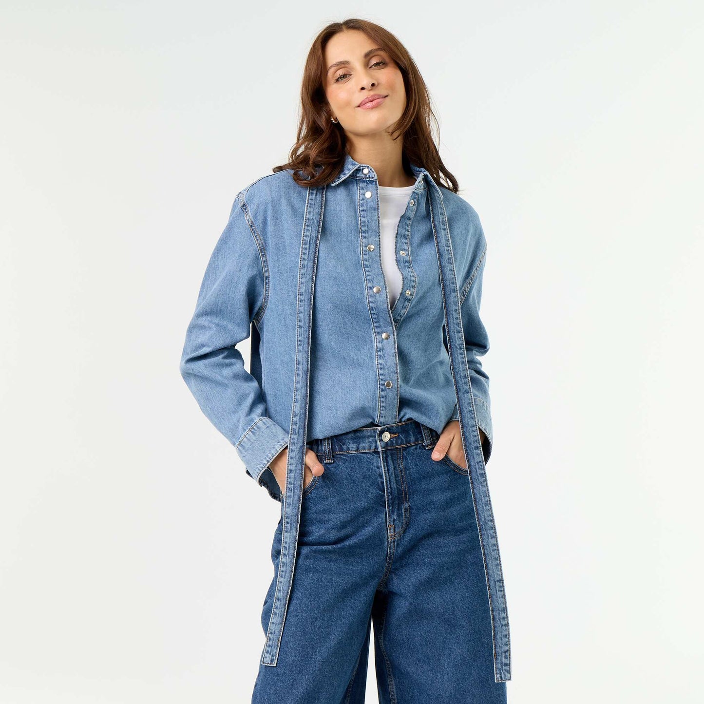 Denim Shirt with Pussy-Bow Collar BLUE