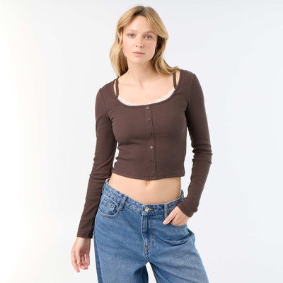 2-in-1 Tank Top T-shirt with Lace Collar BROWN