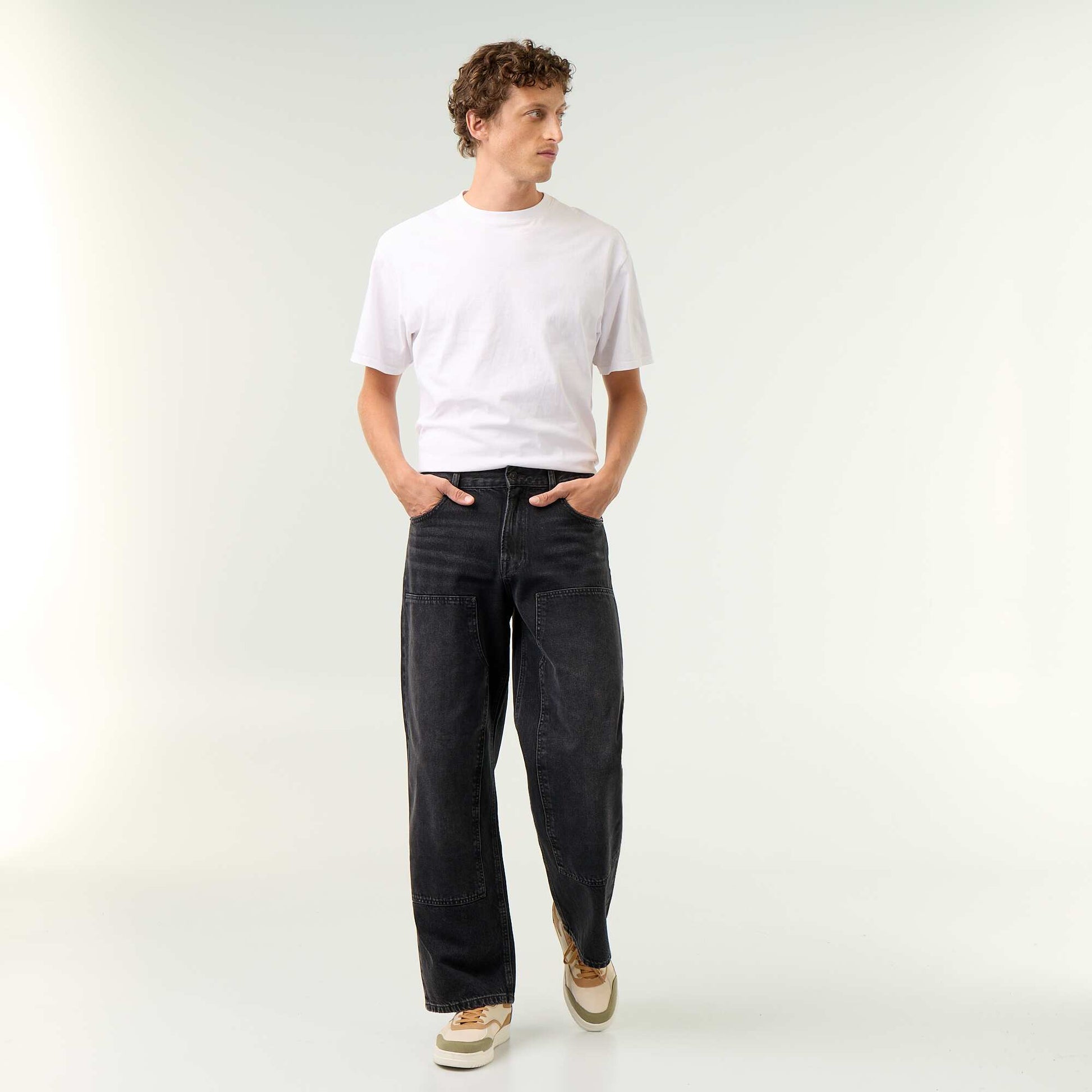 Solid baggy jeans with decorative panels BLACK