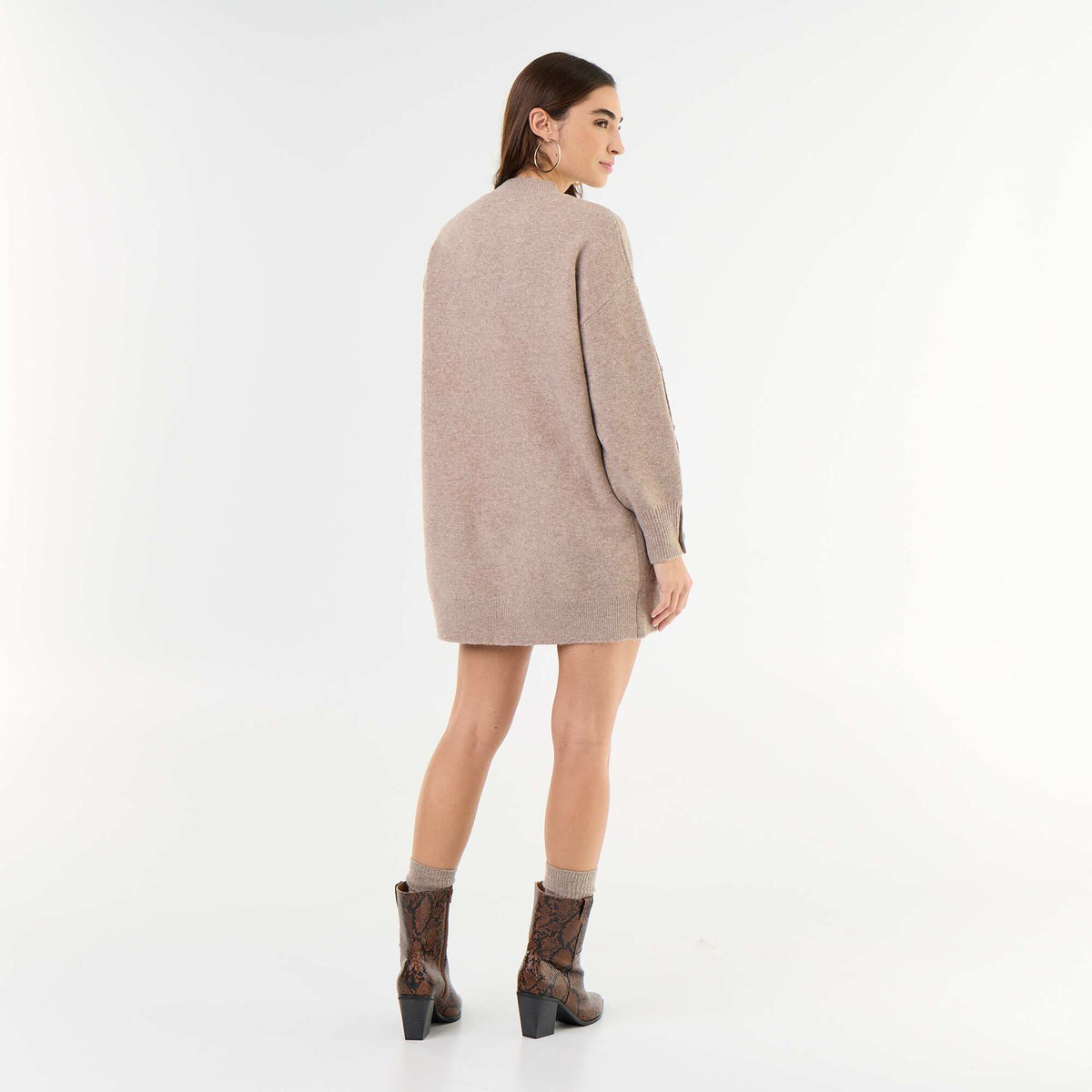 Short knit dress with button detail sleeves BEIGE