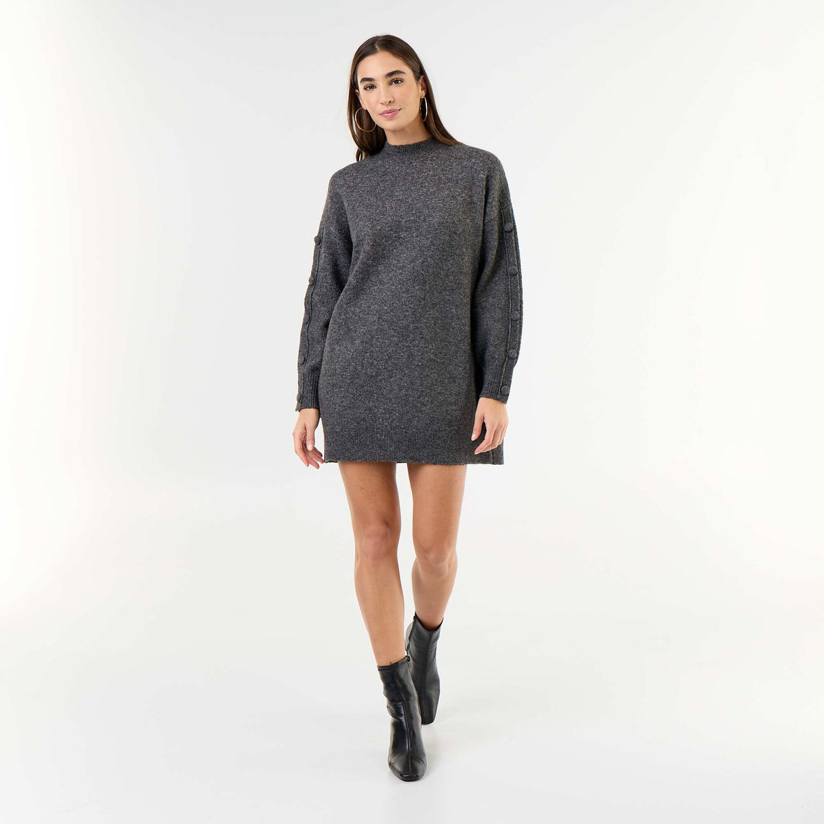 Short knit dress with button detail sleeves GREY