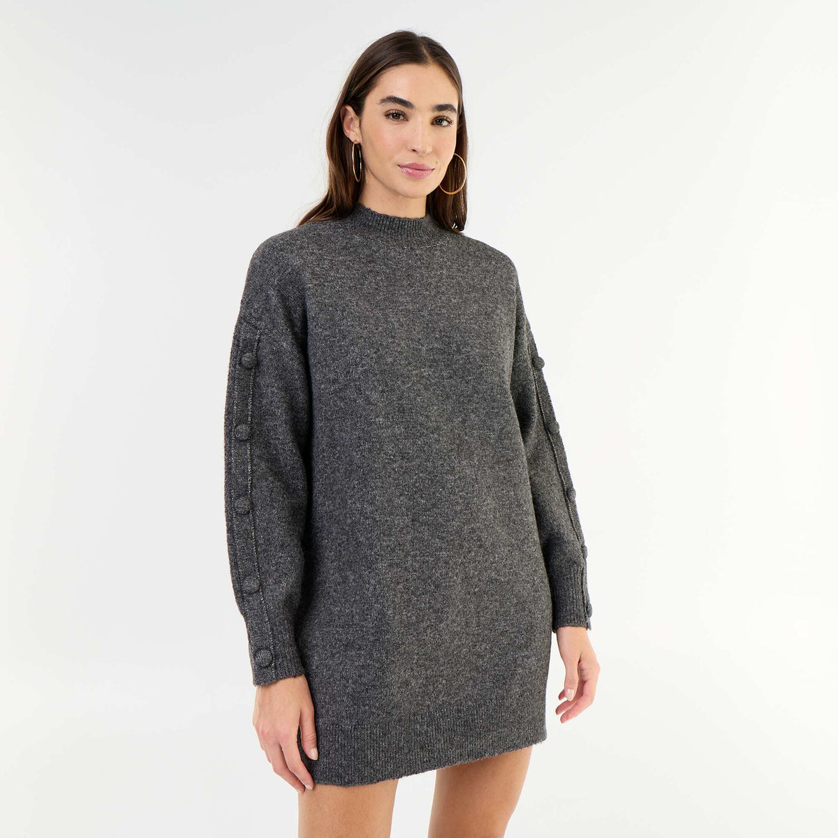 Short knit dress with button detail sleeves GREY