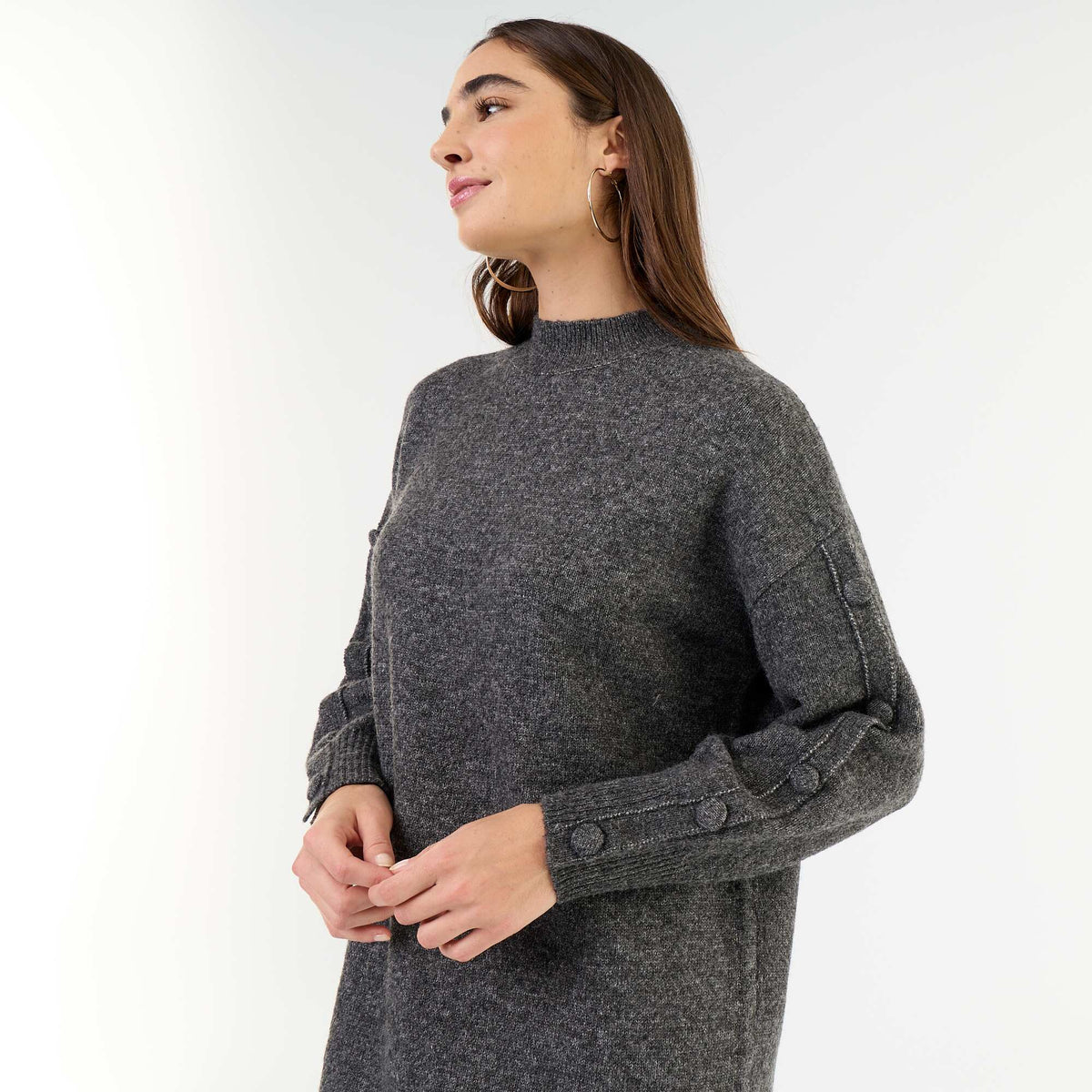 Short knit dress with button detail sleeves GREY