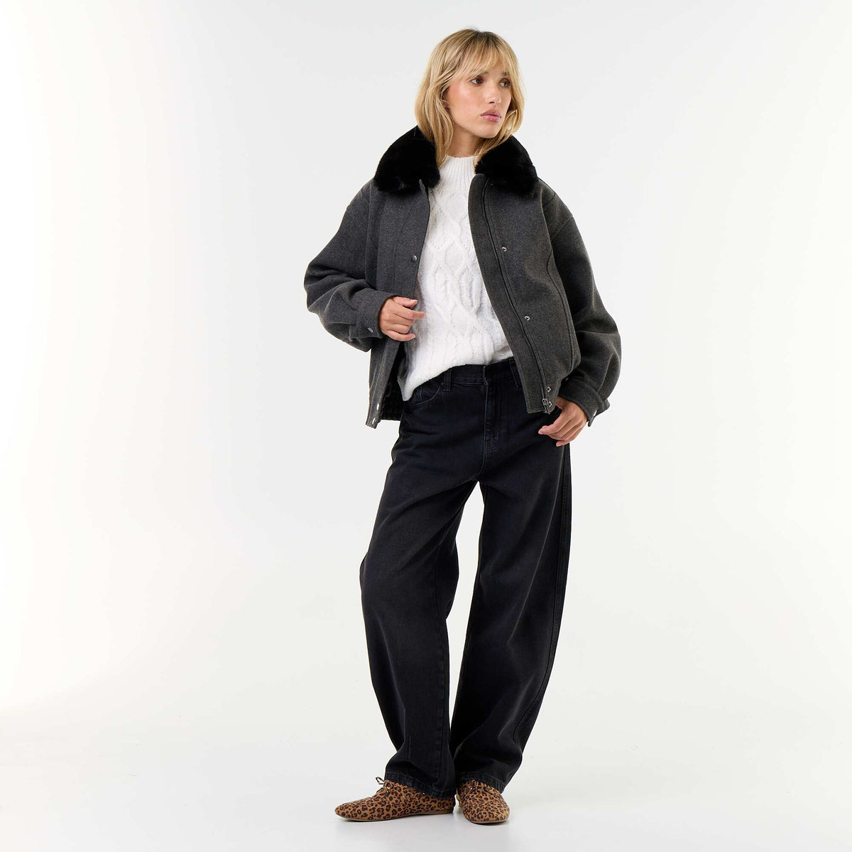 Oversized Faux Wool Jacket with Removable Fur Collar GREY