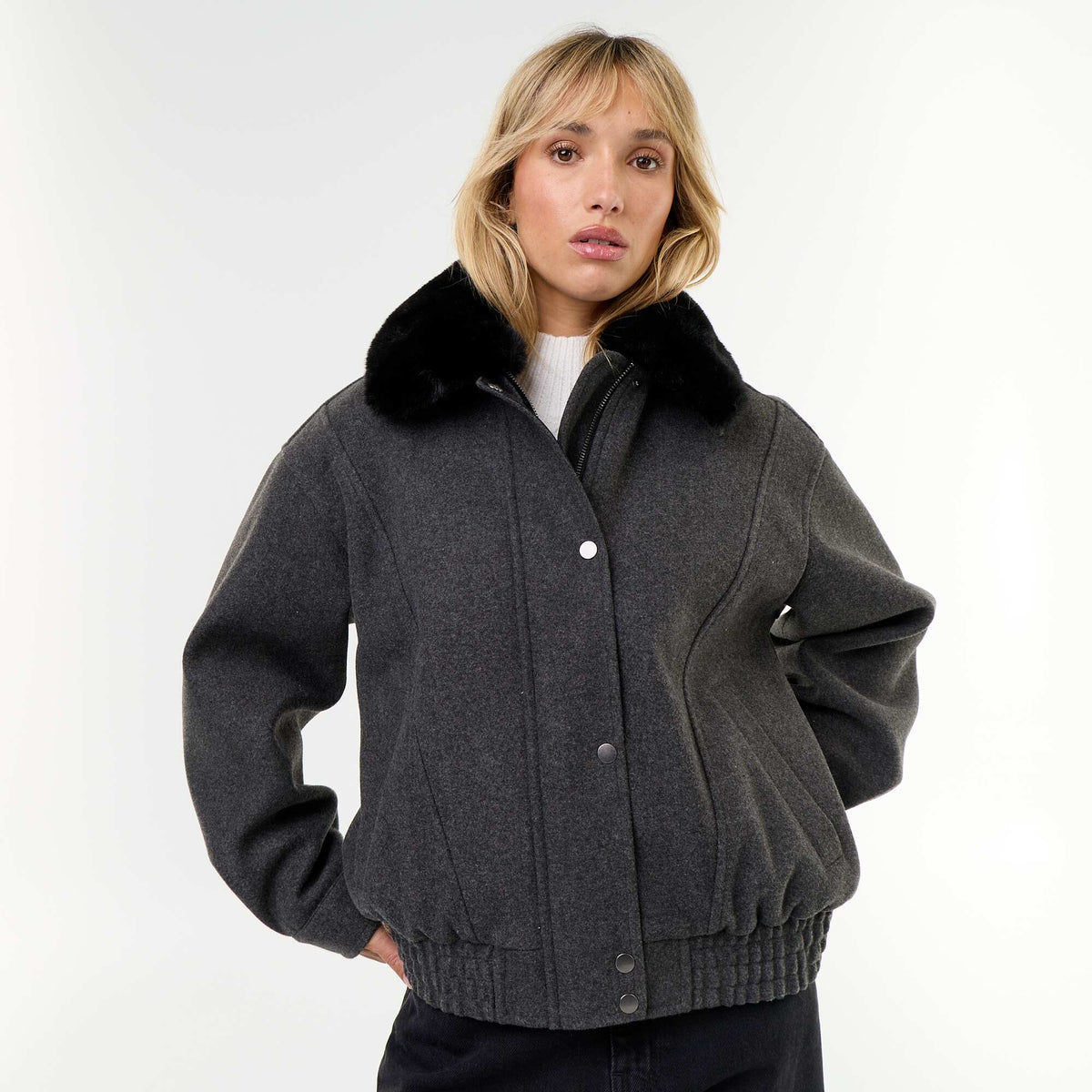 Oversized Faux Wool Jacket with Removable Fur Collar GREY