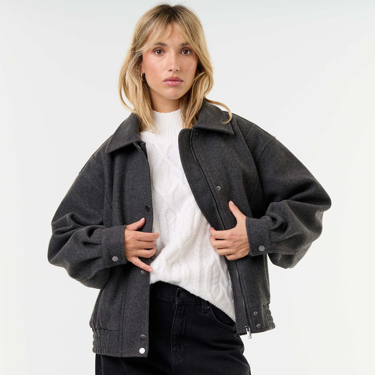 Oversized Faux Wool Jacket with Removable Fur Collar GREY