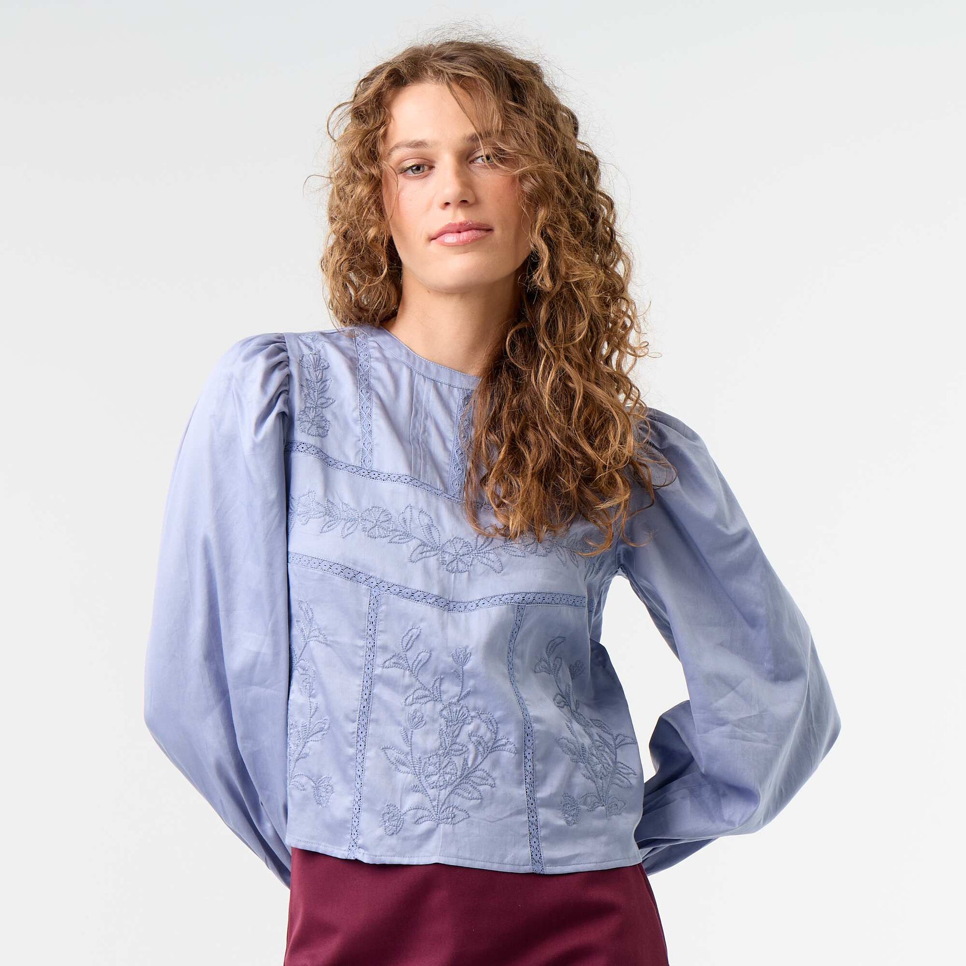 Long-sleeved blouse with embroidery BLUE