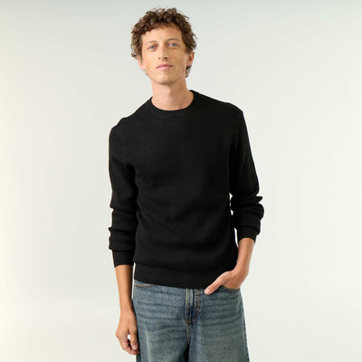 Waffle knit crew neck jumper BLACK