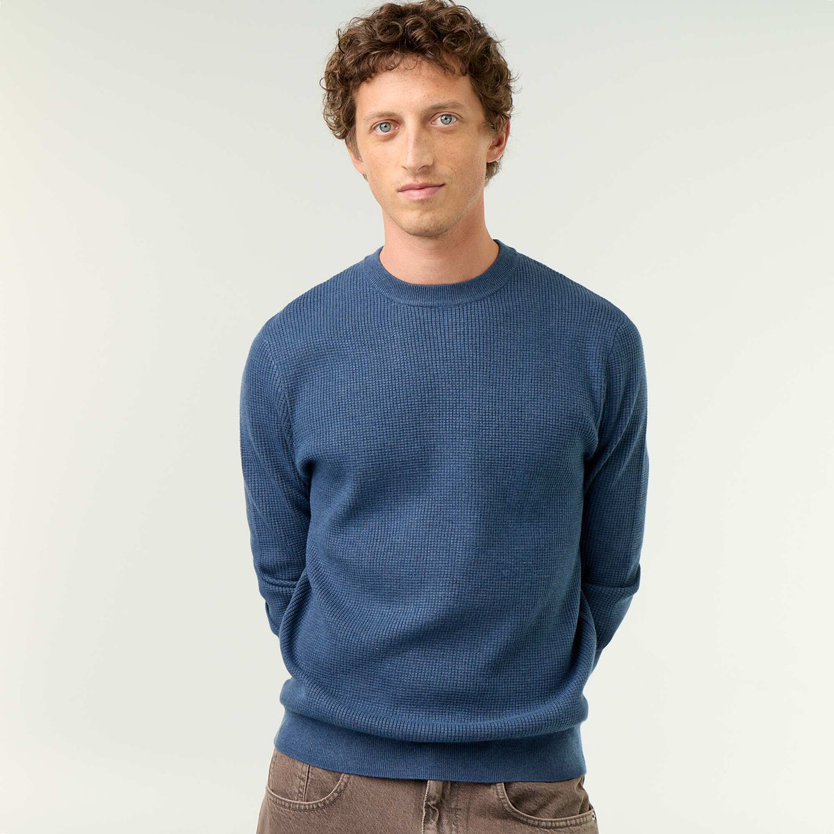 Waffle knit crew neck jumper BLUE