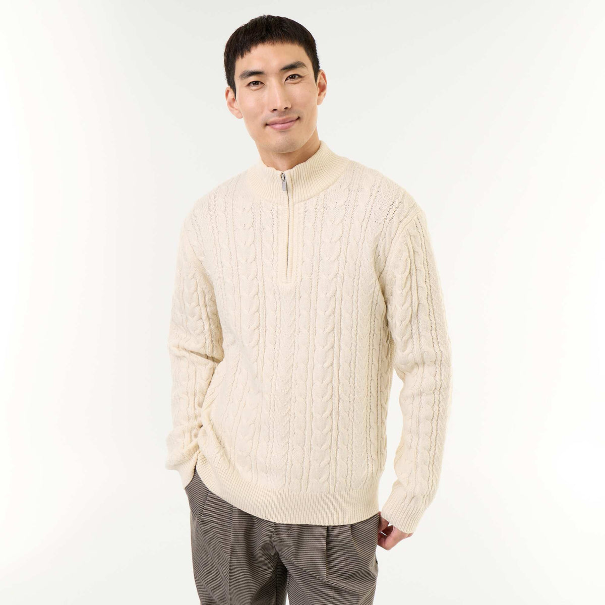 Cable Knit Zip-Up Funnel Neck Sweater WHITE