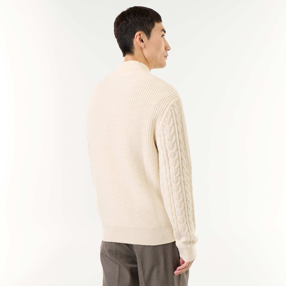 Cable Knit Zip-Up Funnel Neck Sweater WHITE