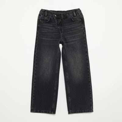 Denim pants with offset button placket BLACK