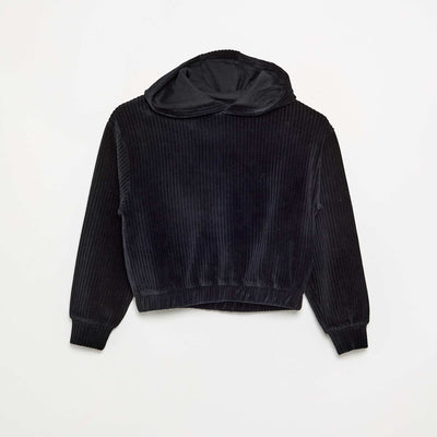Ribbed knit hooded sweatshirt BLACK