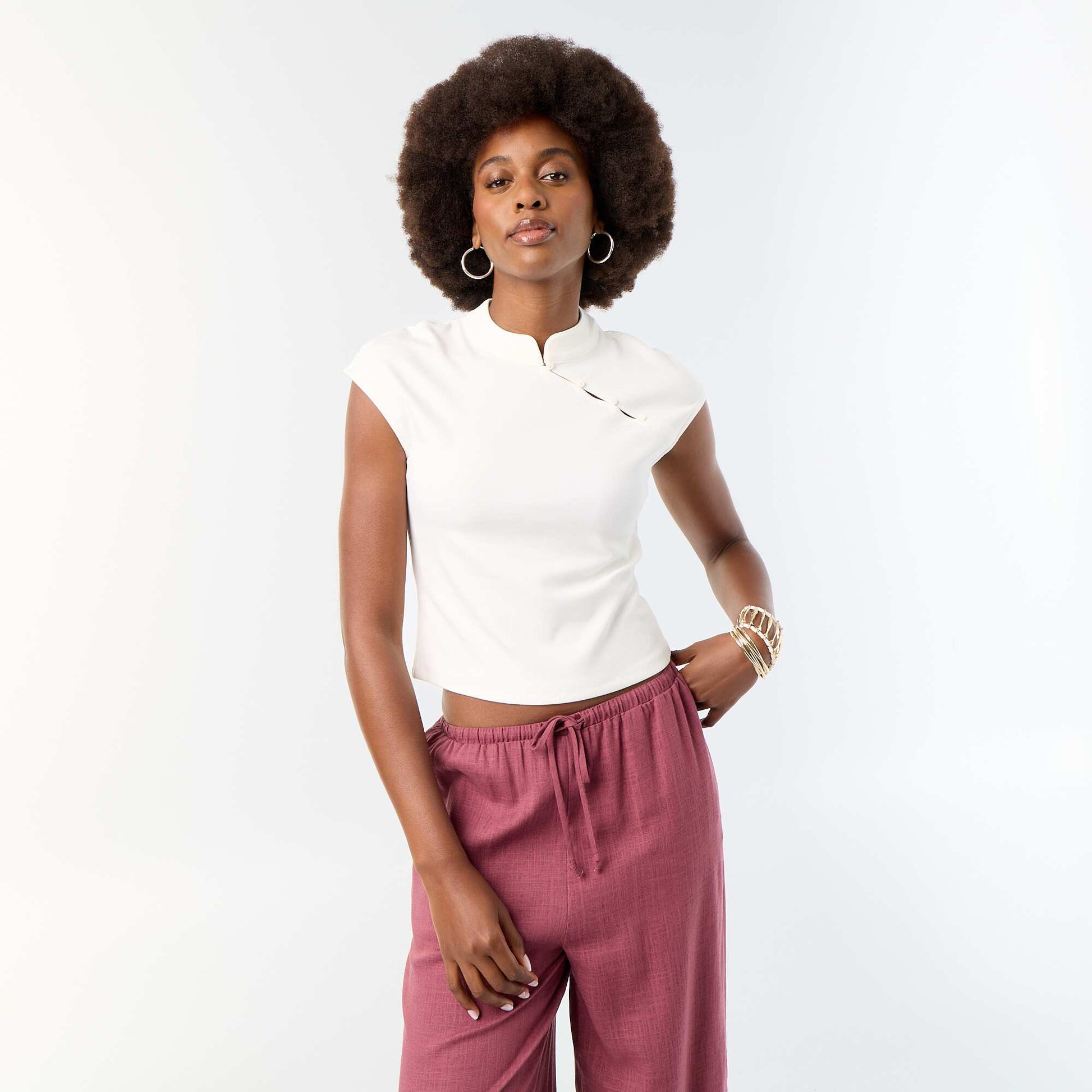 Sleeveless Mandarin Collar Top WHITE