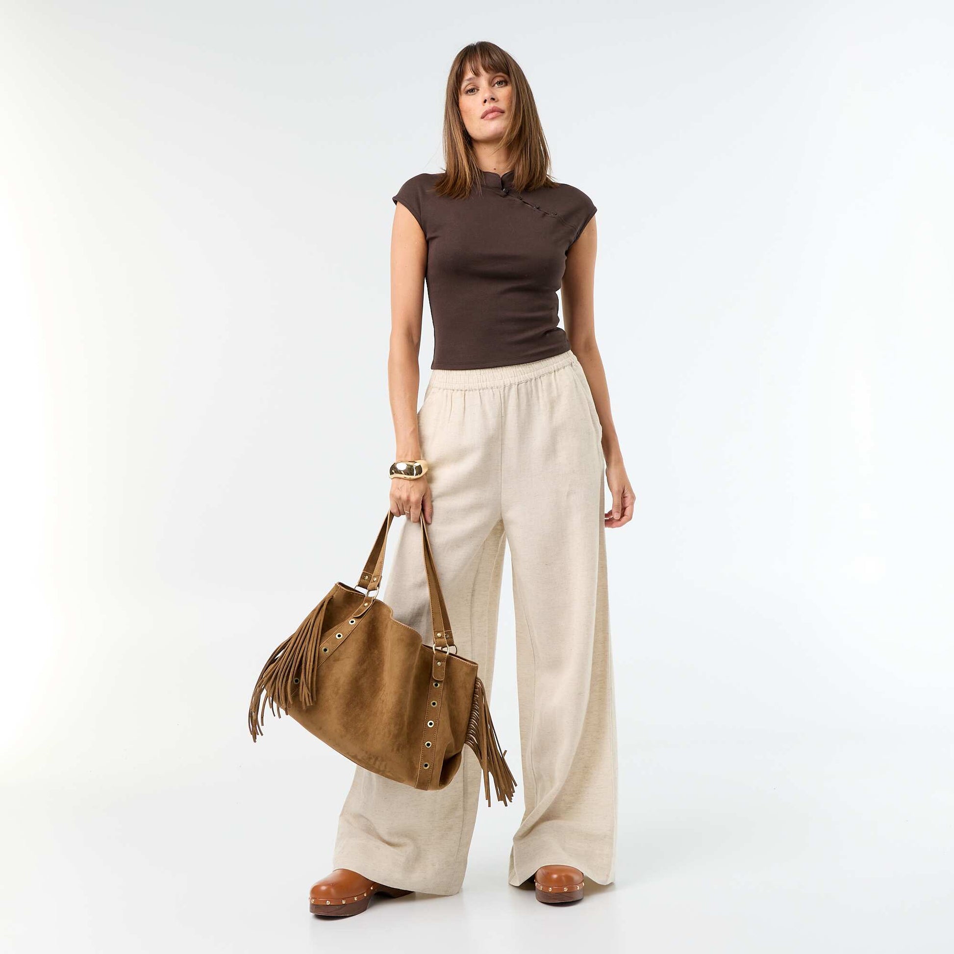 Sleeveless Mandarin Collar Top BROWN