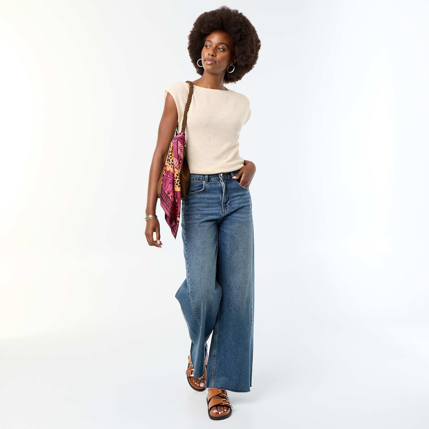 Sleeveless Open-Knit Boat Neck T-shirt WHITE