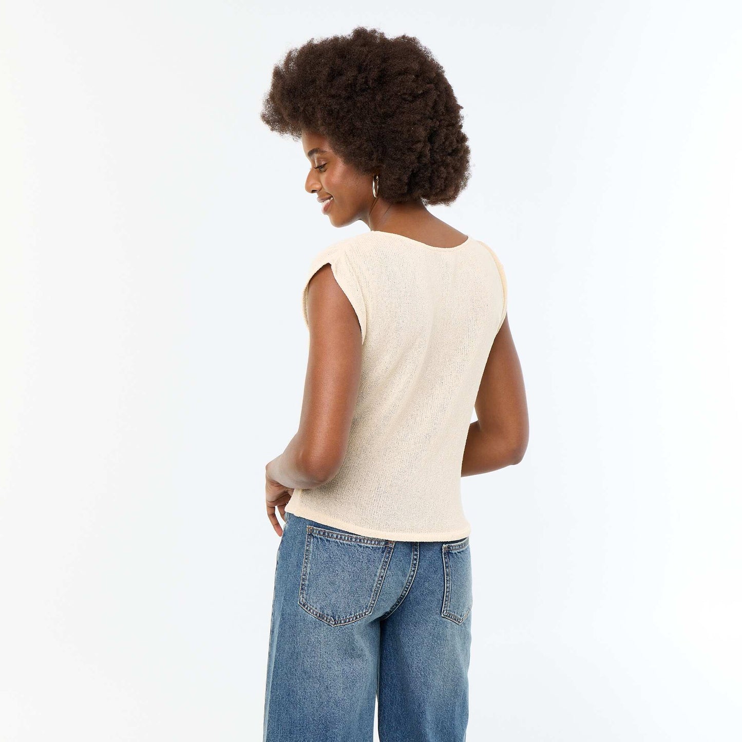 Sleeveless Open-Knit Boat Neck T-shirt WHITE