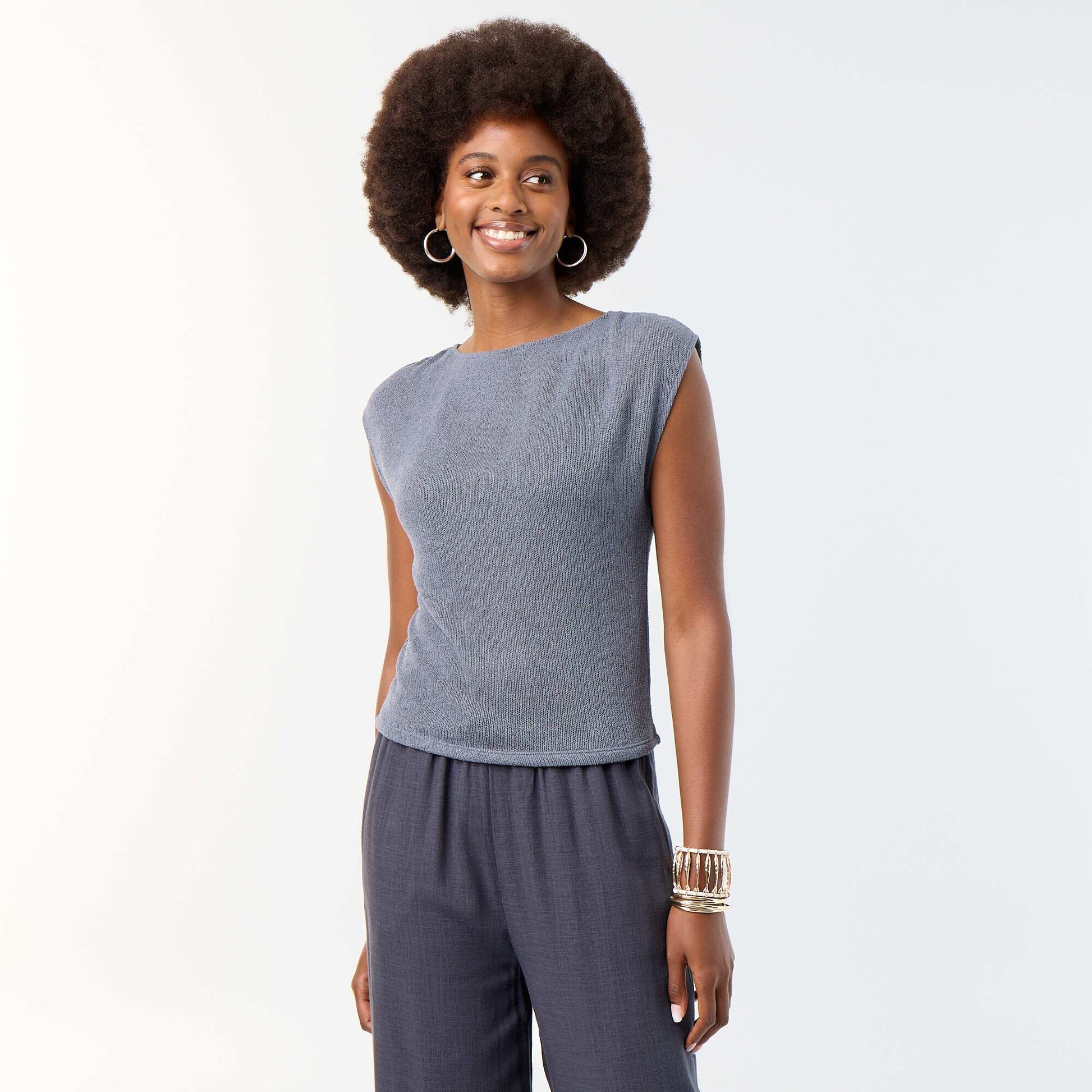 Sleeveless Open-Knit Boat Neck T-shirt GREY