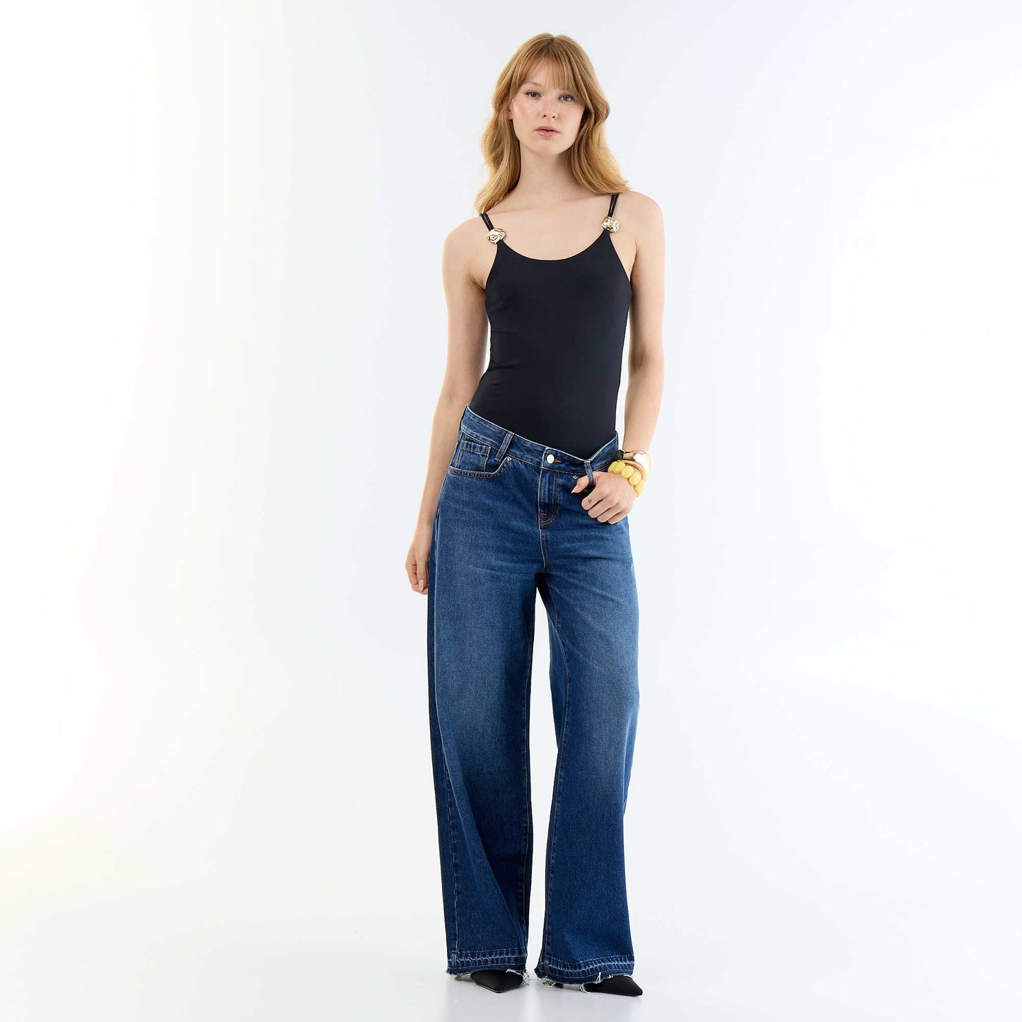 Solid Bodysuit with Embellished Straps BLACK
