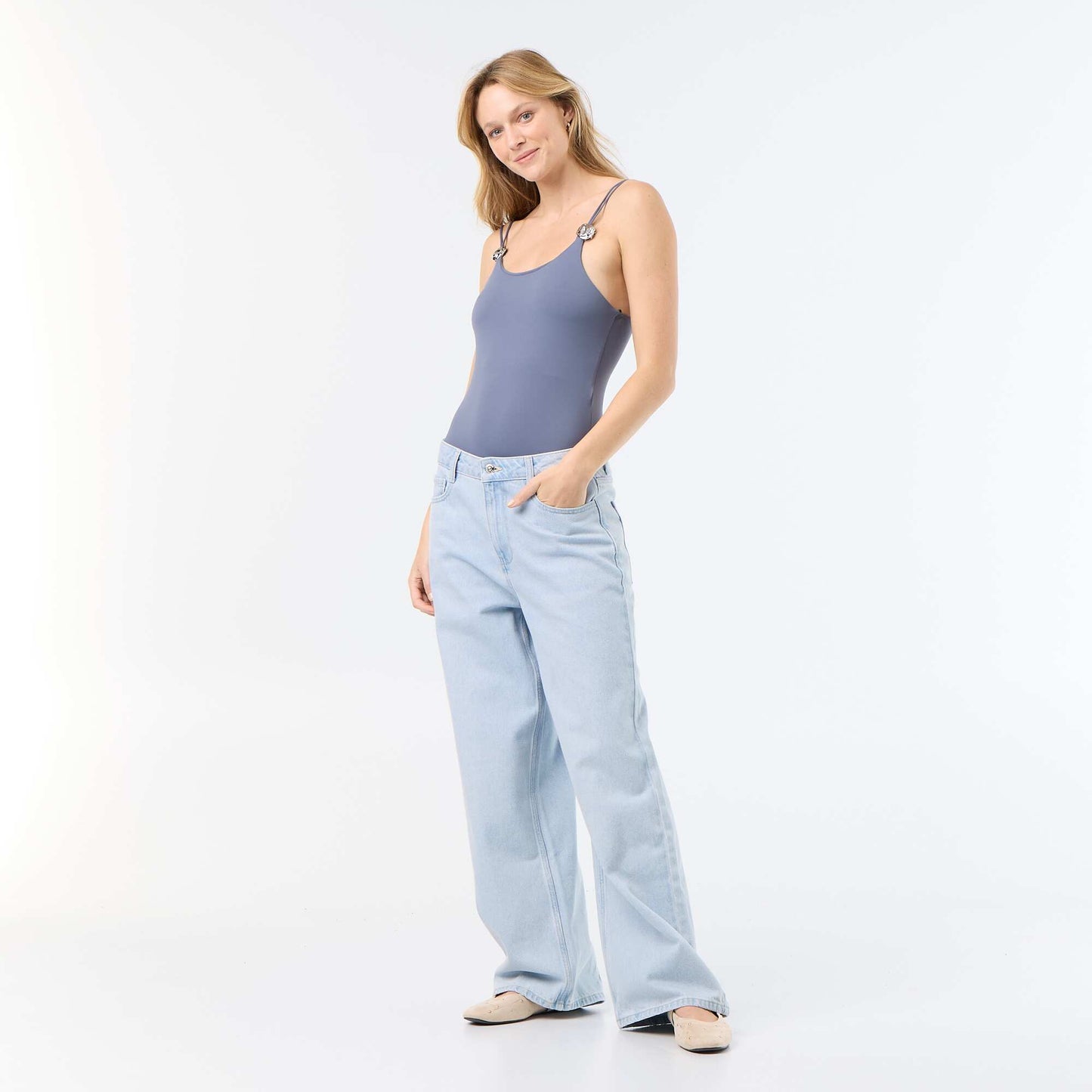 Solid Bodysuit with Embellished Straps GREY